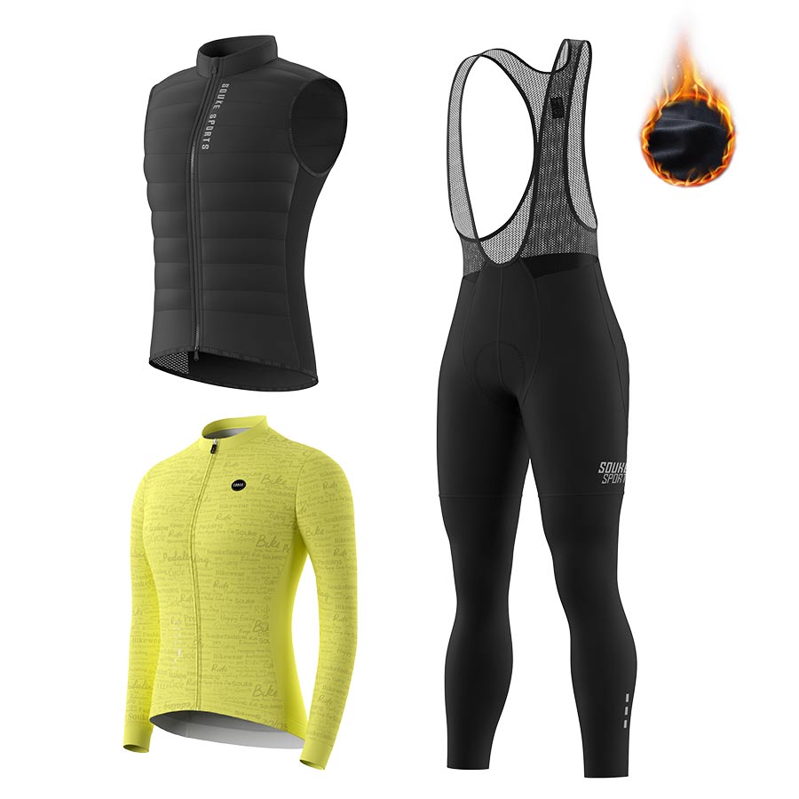Soukesports, DOWN Cycling Gilet CV2301, women's LS Fleeced Jersey WJ1207 . Fleeced Bib Tights BL3501 Cycling Sets