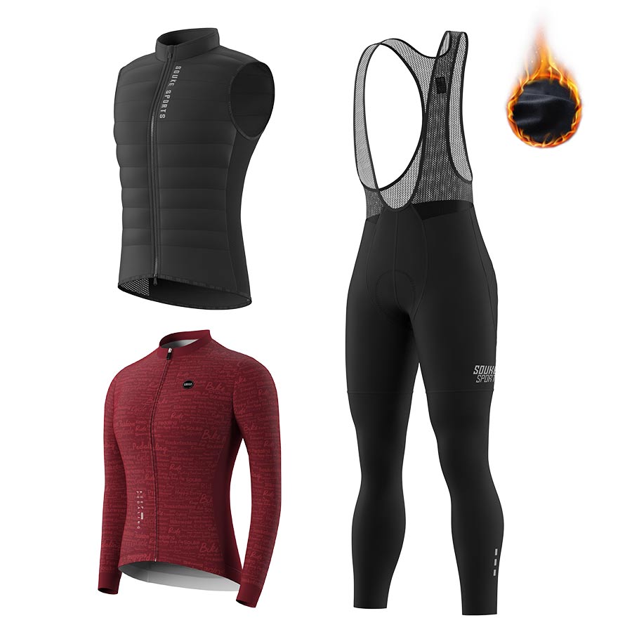 Soukesports, DOWN Cycling Gilet CV2301, women's LS Fleeced Jersey WJ1207 . Fleeced Bib Tights BL3501 Cycling Sets
