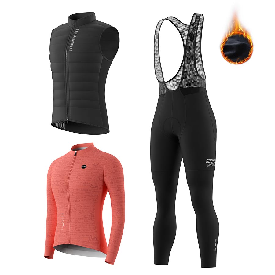 Soukesports, DOWN Cycling Gilet CV2301, women's LS Fleeced Jersey WJ1207 . Fleeced Bib Tights BL3501 Cycling Sets