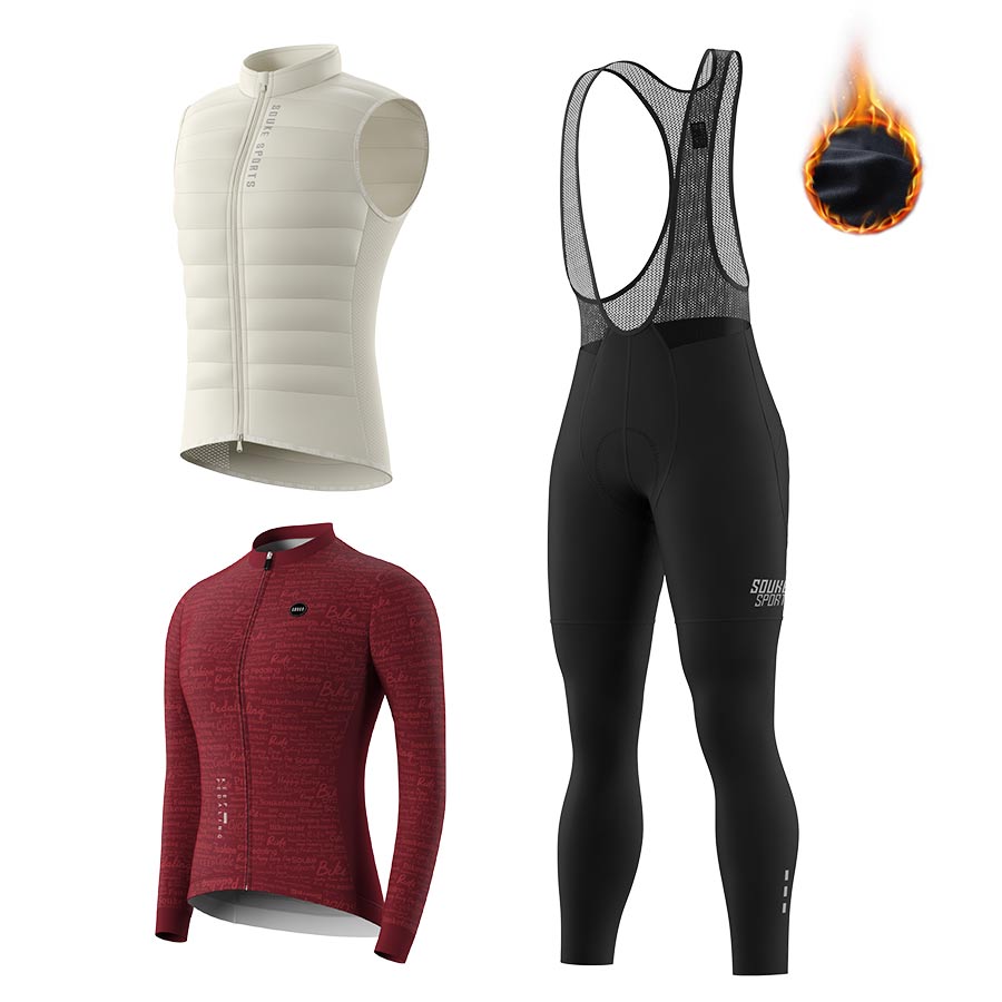 Soukesports, DOWN Cycling Gilet CV2301, women's LS Fleeced Jersey WJ1207 . Fleeced Bib Tights BL3501 Cycling Sets