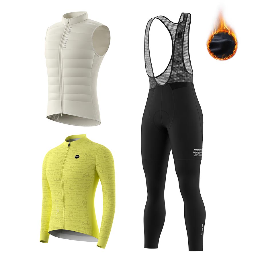 Soukesports, DOWN Cycling Gilet CV2301, women's LS Fleeced Jersey WJ1207 . Fleeced Bib Tights BL3501 Cycling Sets