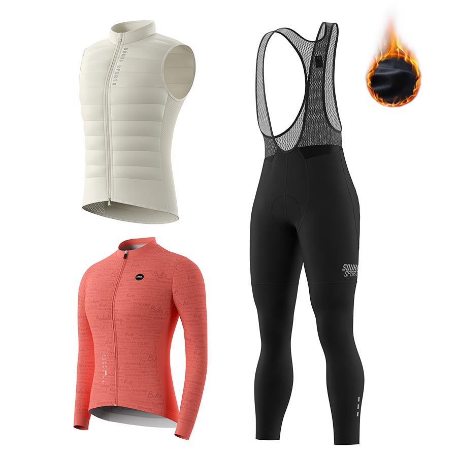 Soukesports, DOWN Cycling Gilet CV2301, women's LS Fleeced Jersey WJ1207 . Fleeced Bib Tights BL3501 Cycling Sets