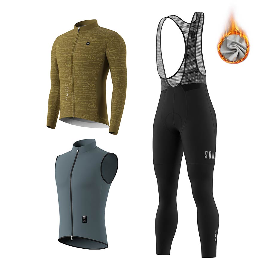 Men's WJ1207 LS Fleeced Jersey + BL3501 Fleeced Bib Tights + GV2204 Windproof Gilet Cycling Sets (6802392023153)