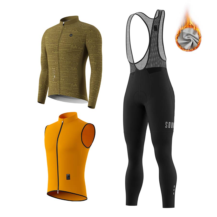 Men's WJ1207 LS Fleeced Jersey + BL3501 Fleeced Bib Tights + GV2204 Windproof Gilet Cycling Sets (6802392023153)